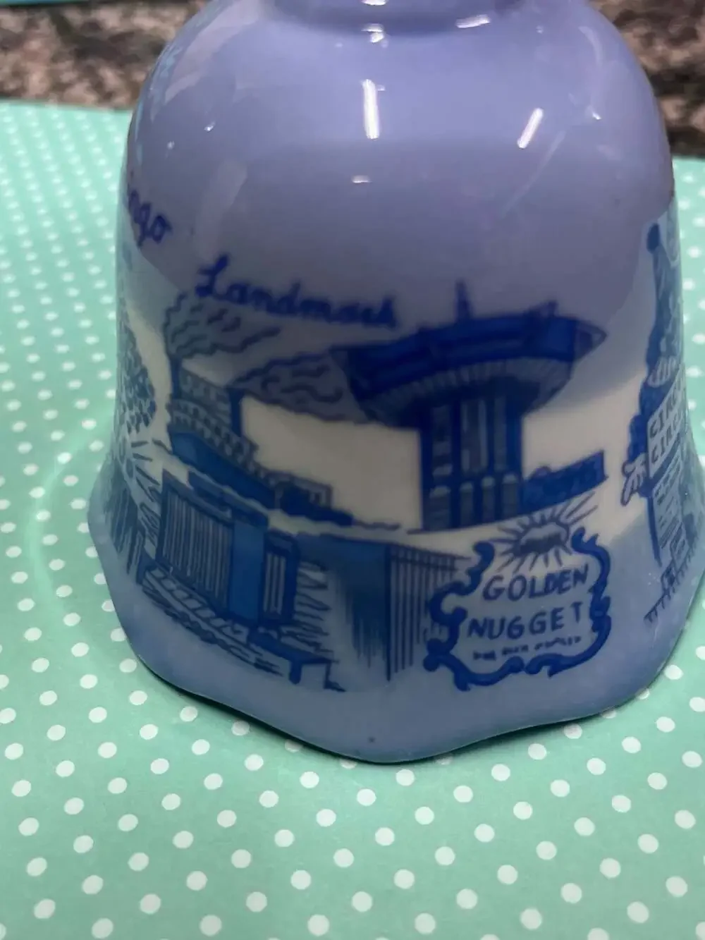 Vintage Las Vegas Casino Souvenir Ceramic Bell Light Blue and White